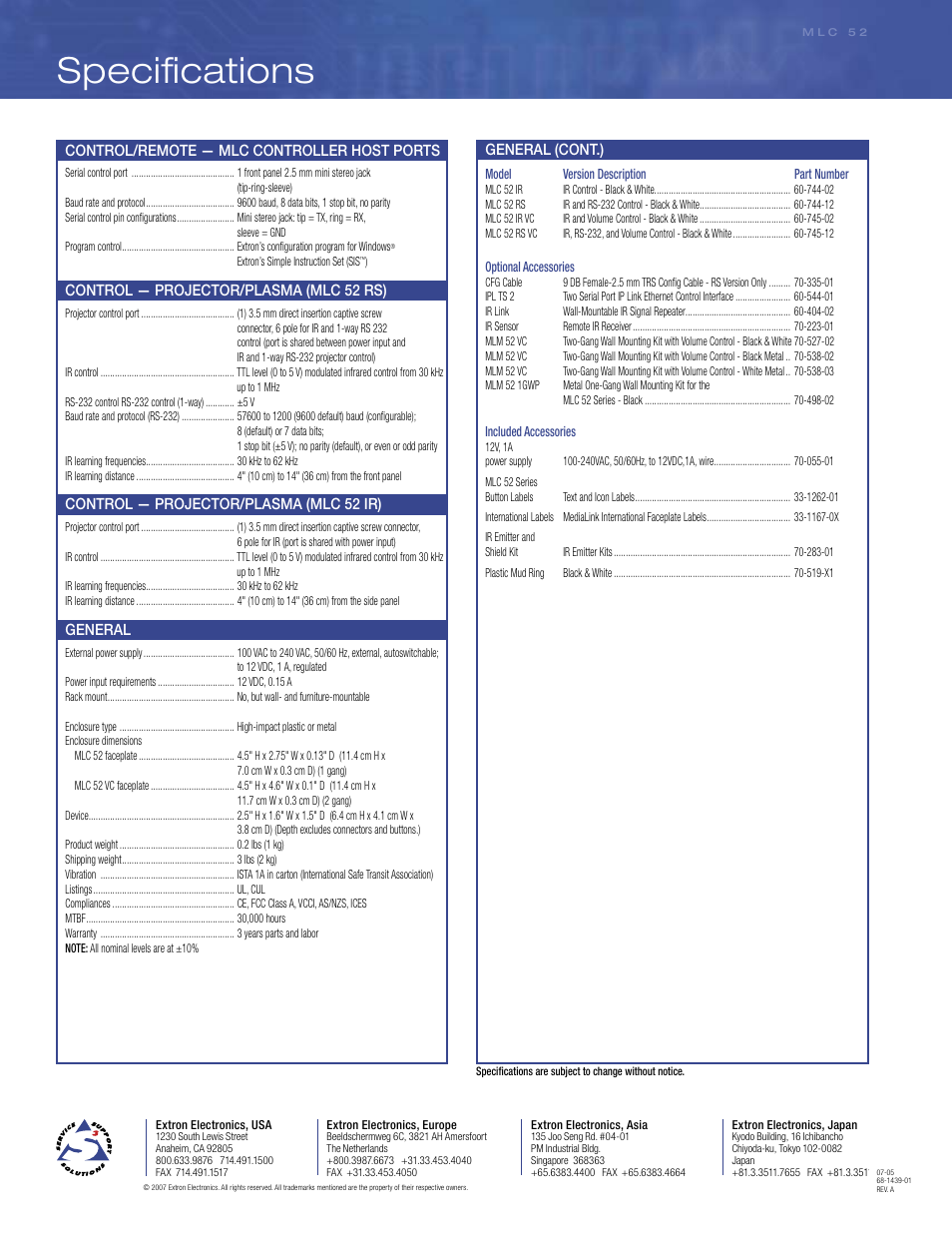 Specifications | Extron electronic Basic MediaLink Controllers MLC 52 RS User Manual | Page 6 / 6
