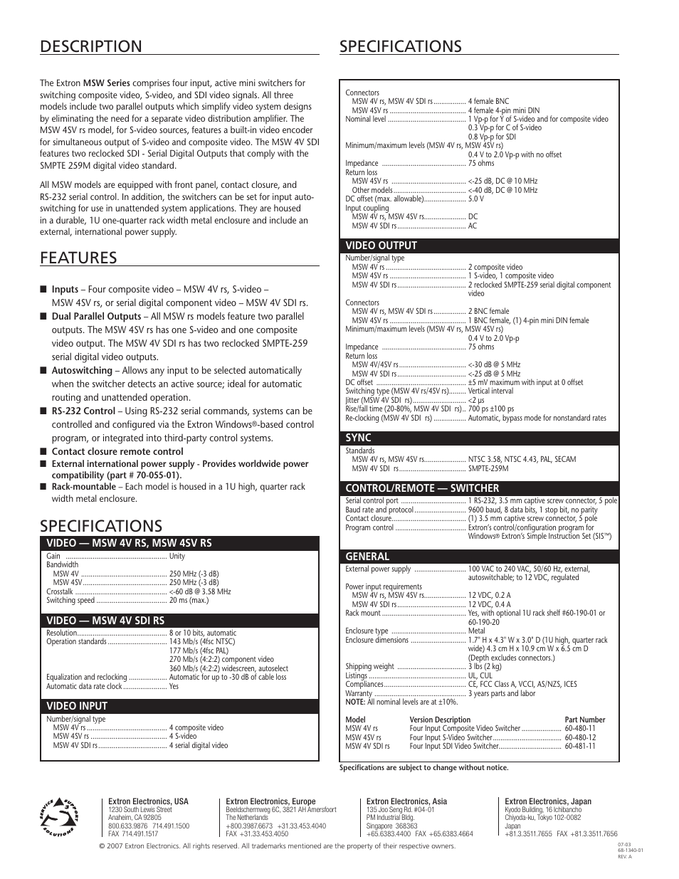 Description specifications, Features, Specifications | Extron electronic MSW 4V rs User Manual | Page 2 / 2