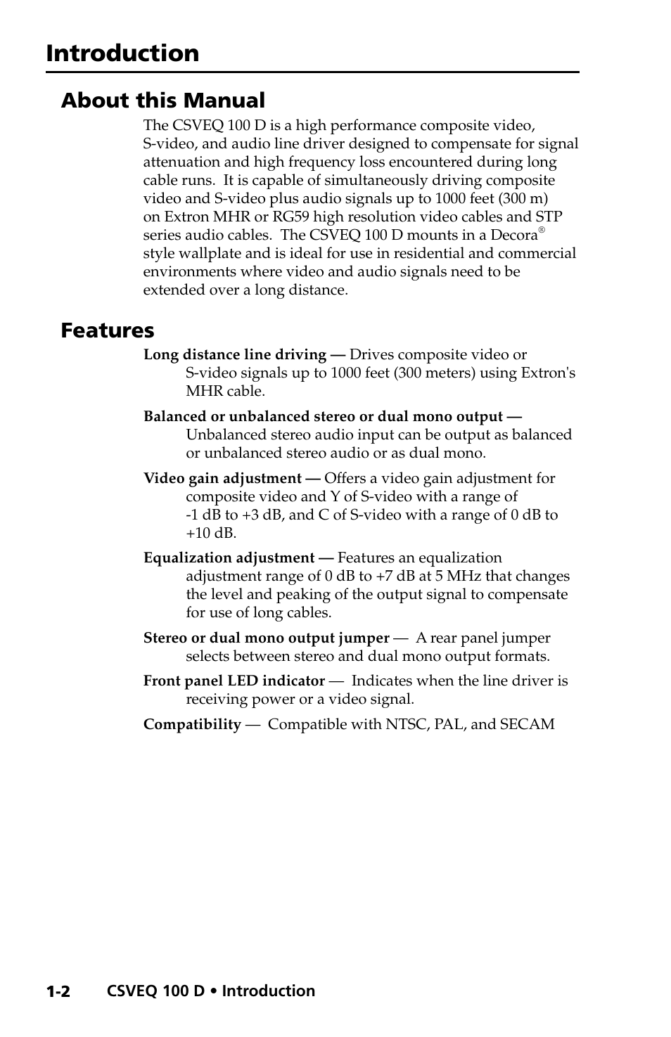 About this manual, Features, Introduction | Extron Electronics CSVEQ 100 D User Manual | Page 10 / 38