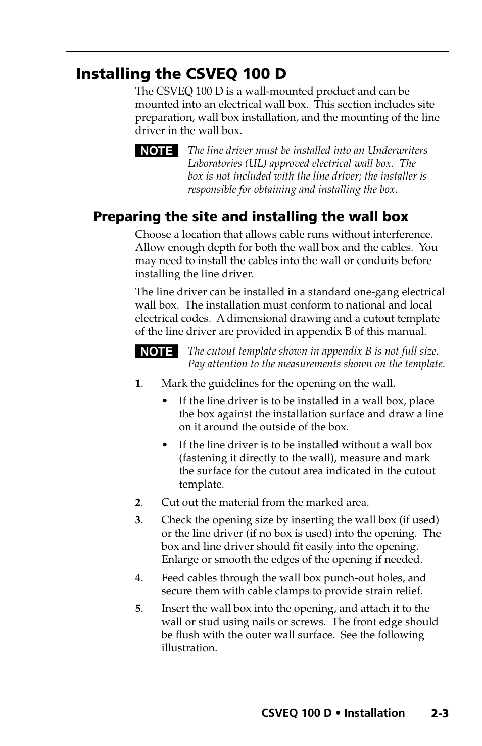 Installing the csveq 100 d, Preparing the site and installing the wall box, Preparing the site and installing the wall box -3 | Extron Electronics CSVEQ 100 D User Manual | Page 13 / 38