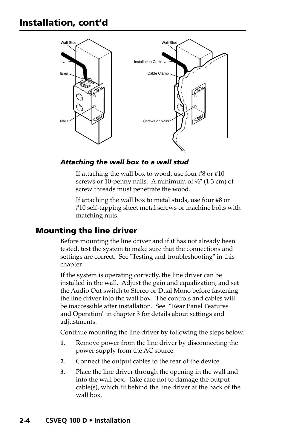 Mounting the line driver, Mounting the line driver -4, Installation, cont’d | Extron Electronics CSVEQ 100 D User Manual | Page 14 / 38