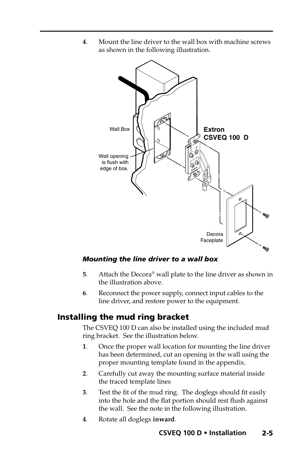 Installing the mud ring bracket, Installing the mud ring bracket -5, Csveq 100 d • installation | Mounting the line driver to a wall box | Extron Electronics CSVEQ 100 D User Manual | Page 15 / 38