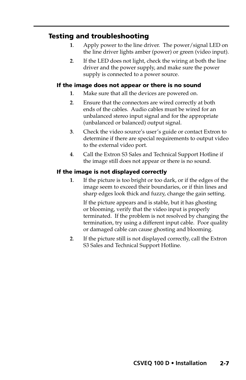 Testing and troubleshooting, If the image does not appear or there is no sound, If the image is not displayed correctly | Testing and troubleshooting -7 | Extron Electronics CSVEQ 100 D User Manual | Page 17 / 38