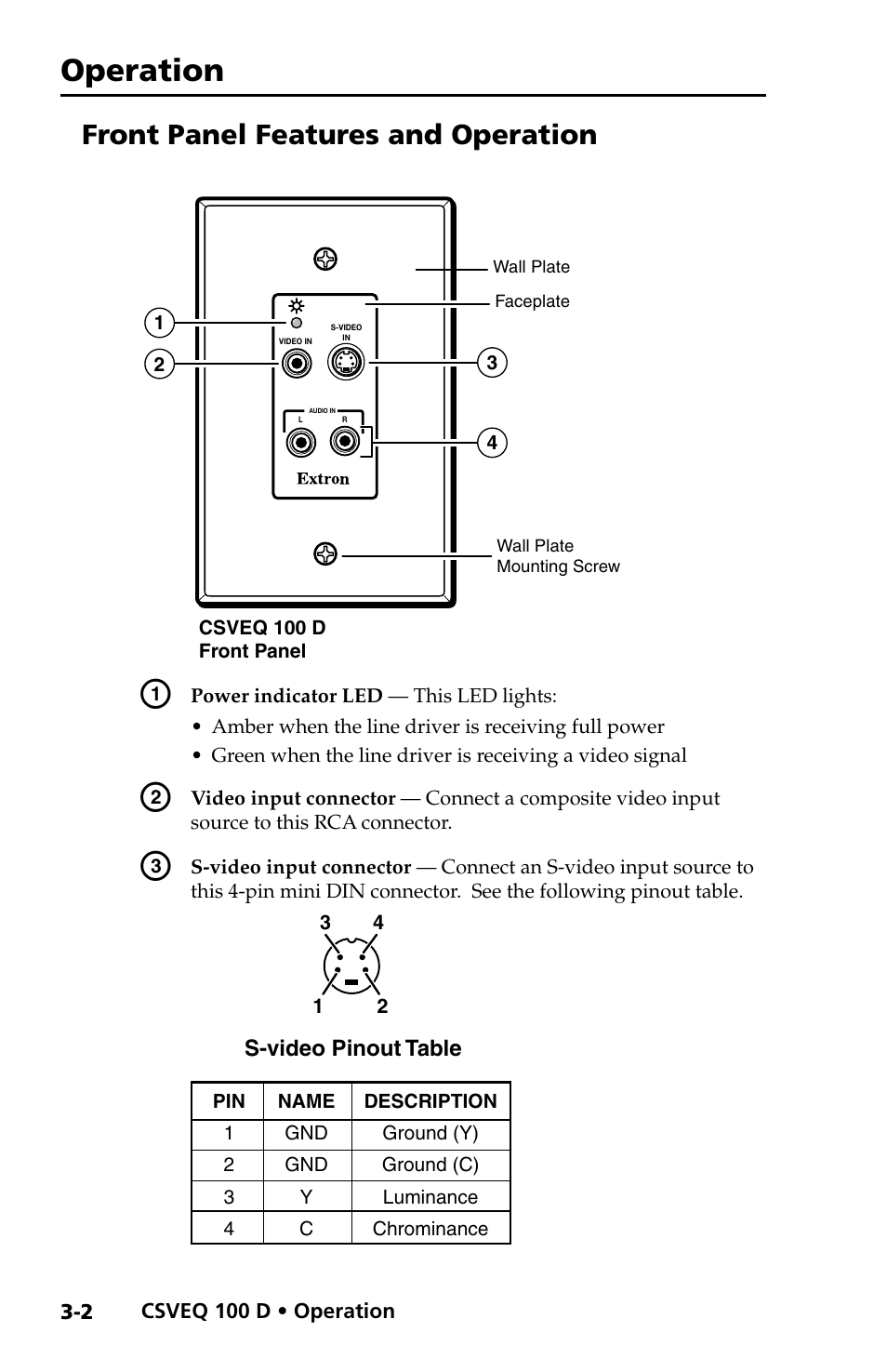 Front panel features and operation, Operation | Extron Electronics CSVEQ 100 D User Manual | Page 20 / 38