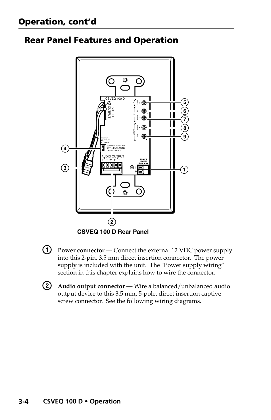 Rear panel features and operation, Operation, cont’d, Csveq 100 d • operation | Csveq 100 d rear panel | Extron Electronics CSVEQ 100 D User Manual | Page 22 / 38