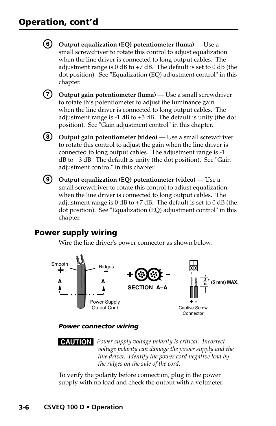 Power supply wiring, Power supply wiring -6, Operation, cont’d | Extron Electronics CSVEQ 100 D User Manual | Page 24 / 38