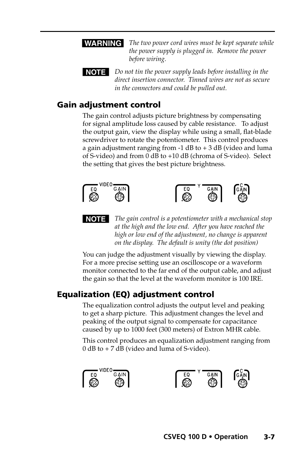 Gain adjustment control, Equalization (eq) adjustment control | Extron Electronics CSVEQ 100 D User Manual | Page 25 / 38