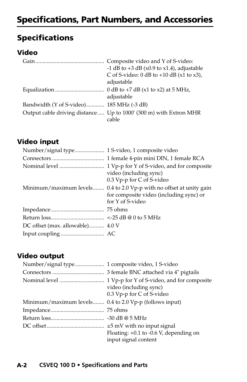 Specifications, Specifications, part numbers, and accessories | Extron Electronics CSVEQ 100 D User Manual | Page 28 / 38