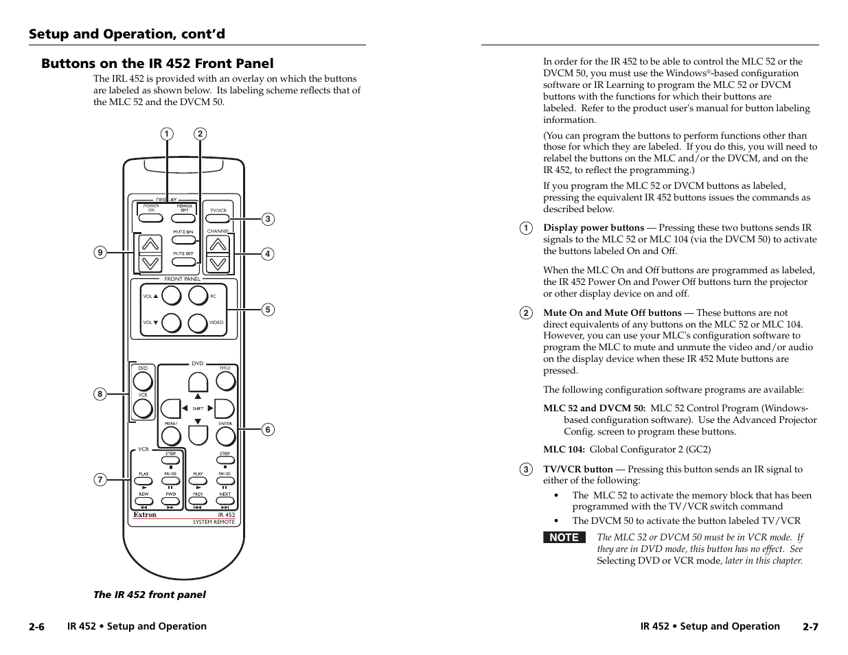 Setup and operation, cont’d, Buttons on the ir 452 front panel | Extron Electronics IR 452 User Manual | Page 10 / 16