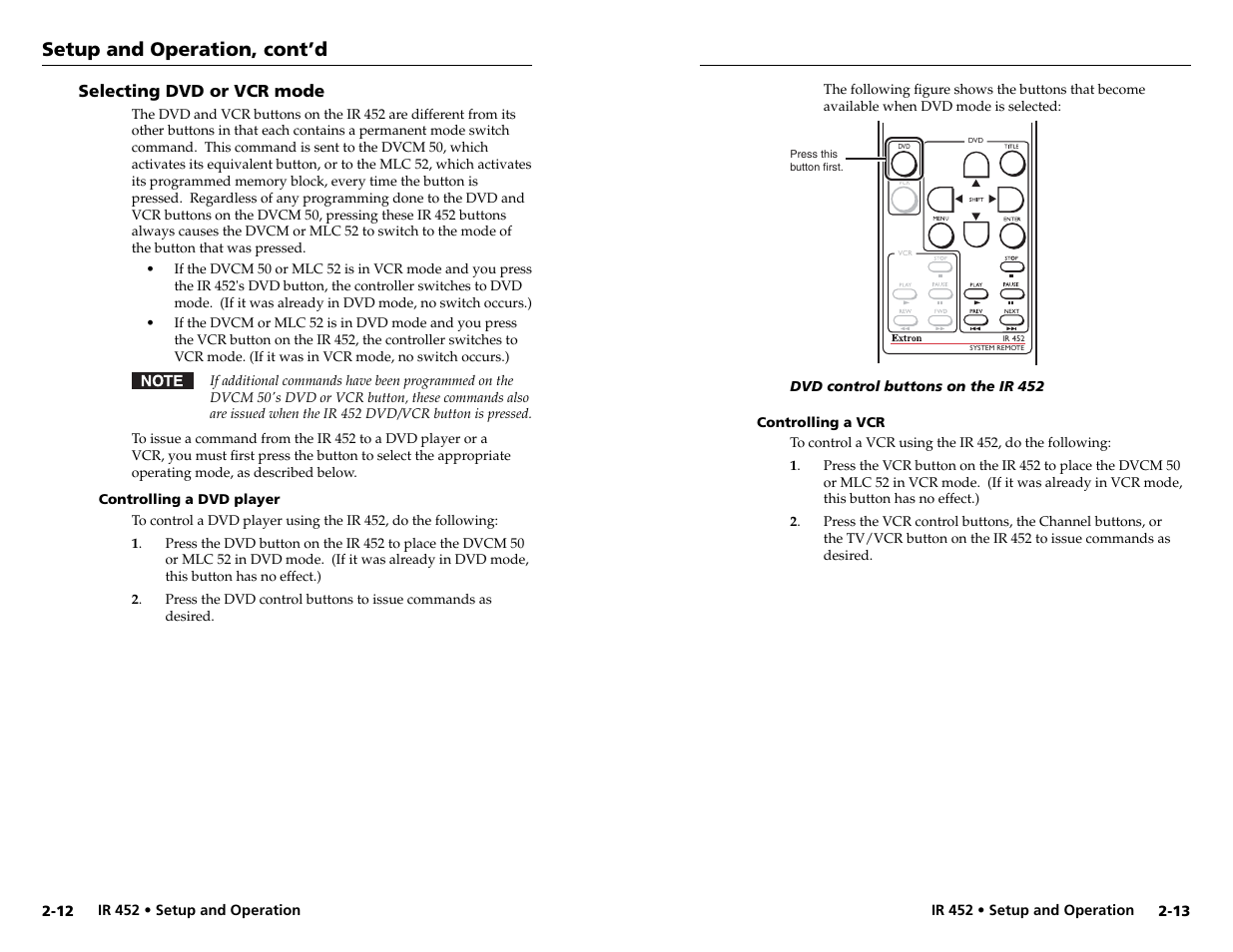 Setup and operation, cont’d | Extron Electronics IR 452 User Manual | Page 13 / 16