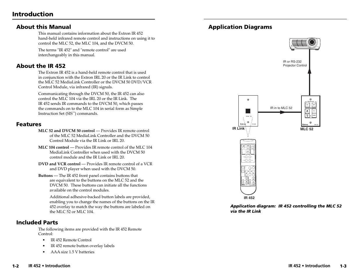 Introduction, Application diagrams, About this manual | About the ir 452, Features, Included parts | Extron Electronics IR 452 User Manual | Page 6 / 16