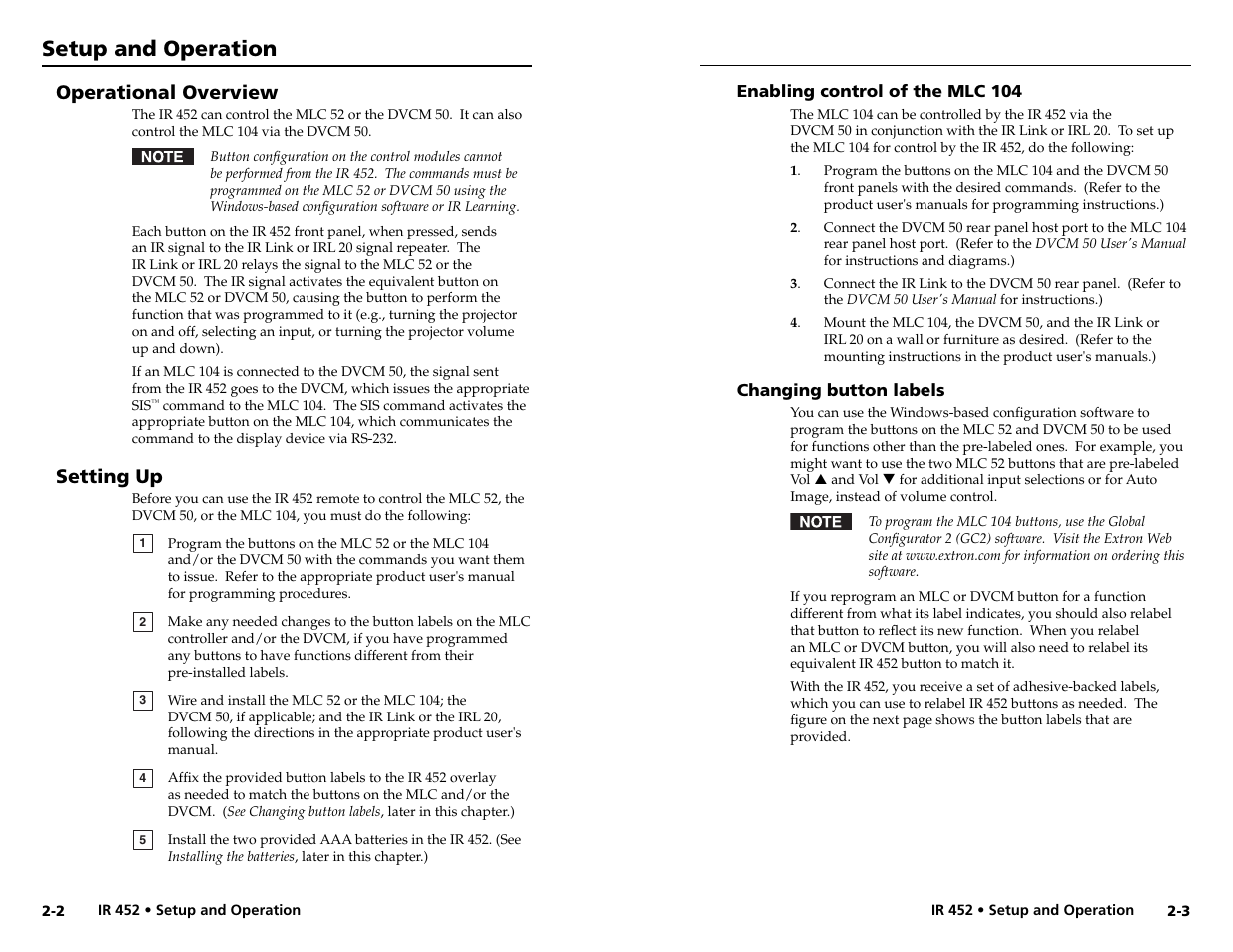 Setup and operation, Operational overview, Setting up | Extron Electronics IR 452 User Manual | Page 8 / 16