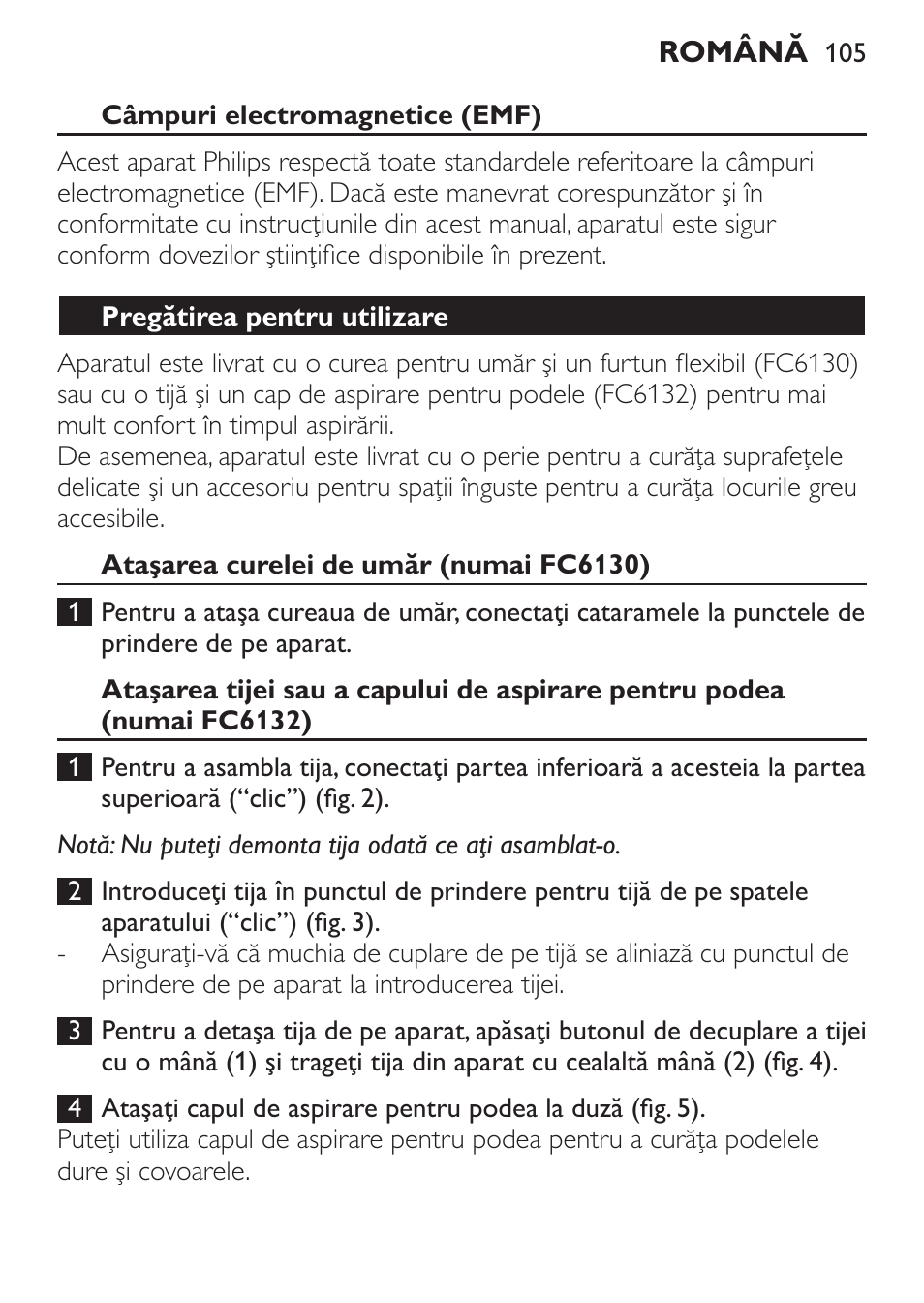 Câmpuri electromagnetice (emf), Pregătirea pentru utilizare, Ataşarea curelei de umăr (numai fc6130) | Philips FC6130 User Manual | Page 105 / 180