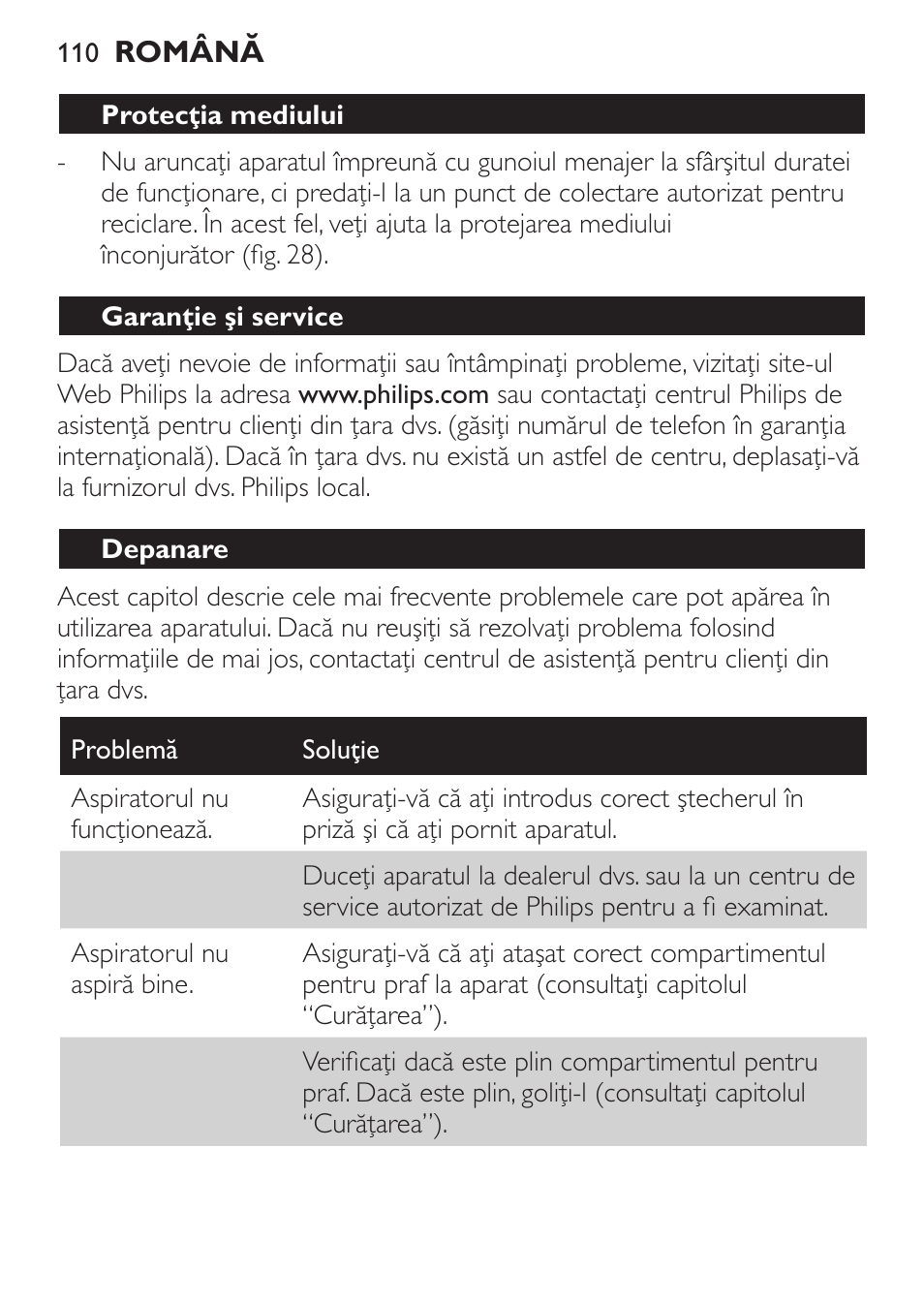 Protecţia mediului, Garanţie şi service, Depanare | Philips FC6130 User Manual | Page 110 / 180