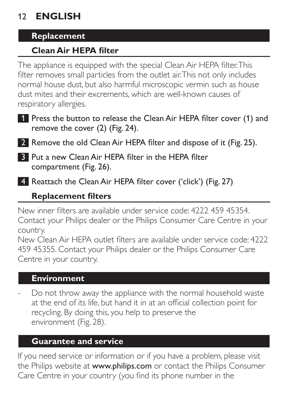 Replacement, Clean air hepa filter, Replacement filters | Environment, Guarantee and service | Philips FC6130 User Manual | Page 12 / 180