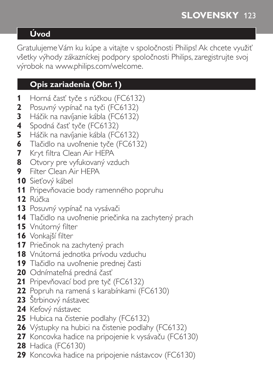 Slovensky, Úvod, Opis zariadenia (obr. 1) | Philips FC6130 User Manual | Page 123 / 180