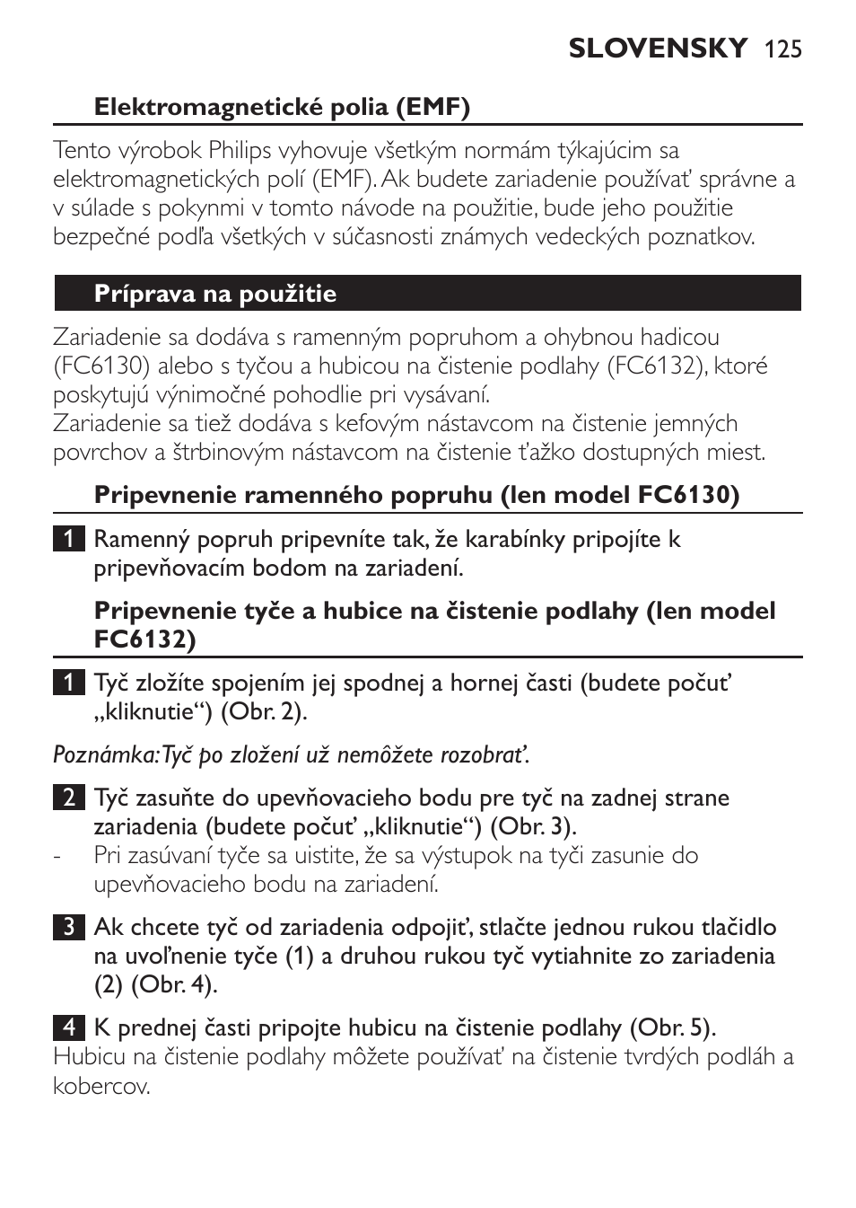 Elektromagnetické polia (emf), Príprava na použitie, Pripevnenie ramenného popruhu (len model fc6130) | Philips FC6130 User Manual | Page 125 / 180