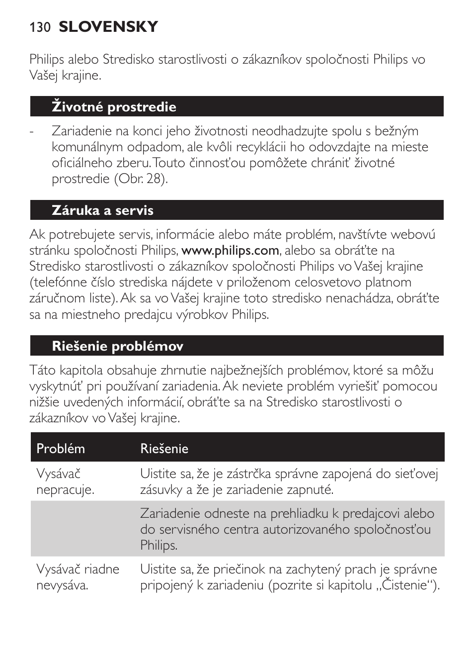 Životné prostredie, Záruka a servis, Riešenie problémov | Philips FC6130 User Manual | Page 130 / 180