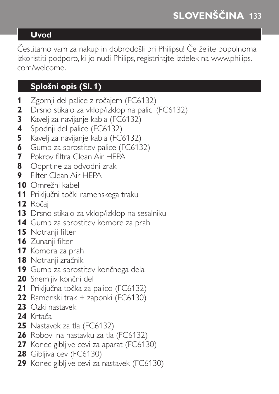 Slovenščina, Uvod, Splošni opis (sl. 1) | Philips FC6130 User Manual | Page 133 / 180