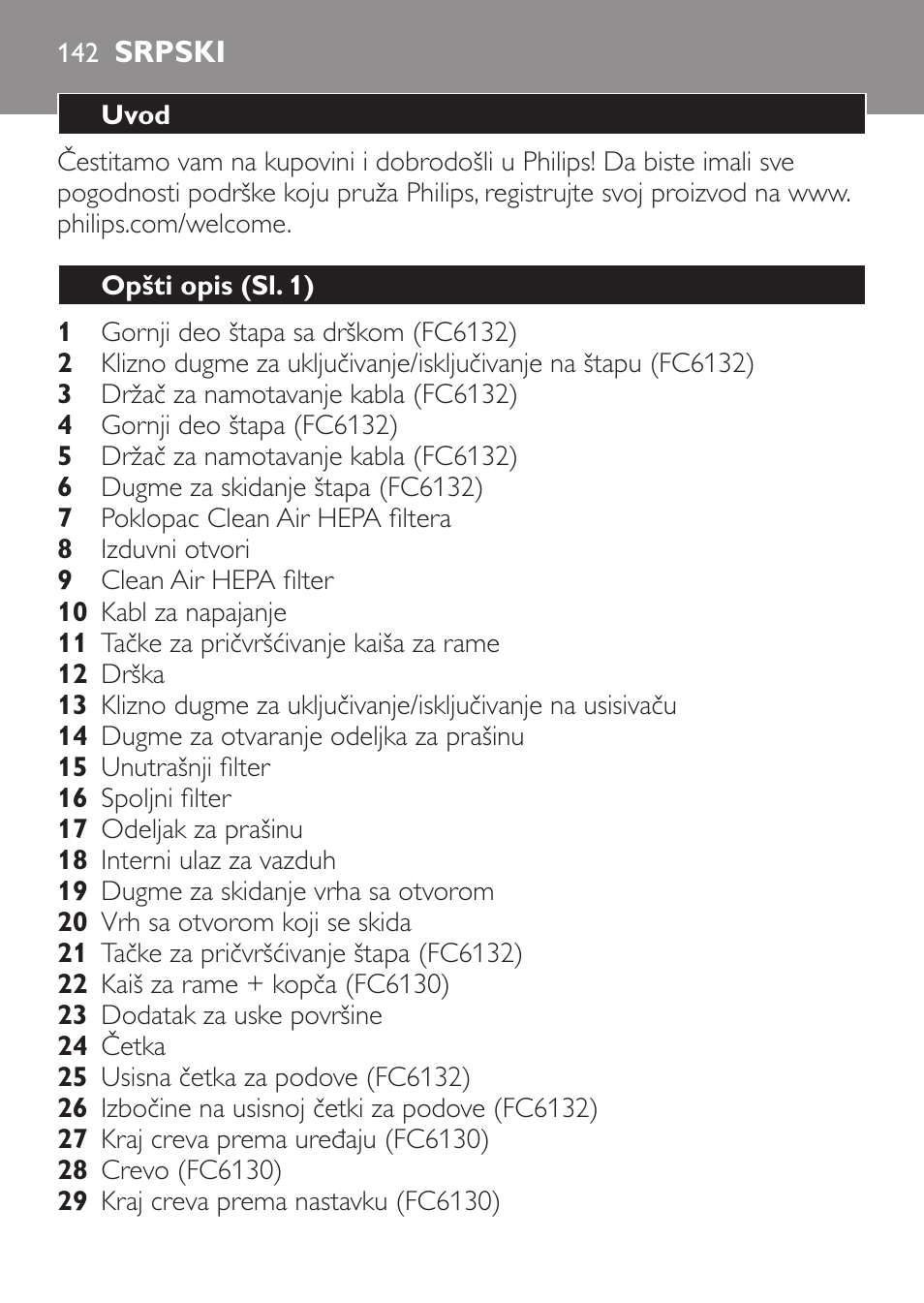 Srpski, Uvod, Opšti opis (sl. 1) | Philips FC6130 User Manual | Page 142 / 180