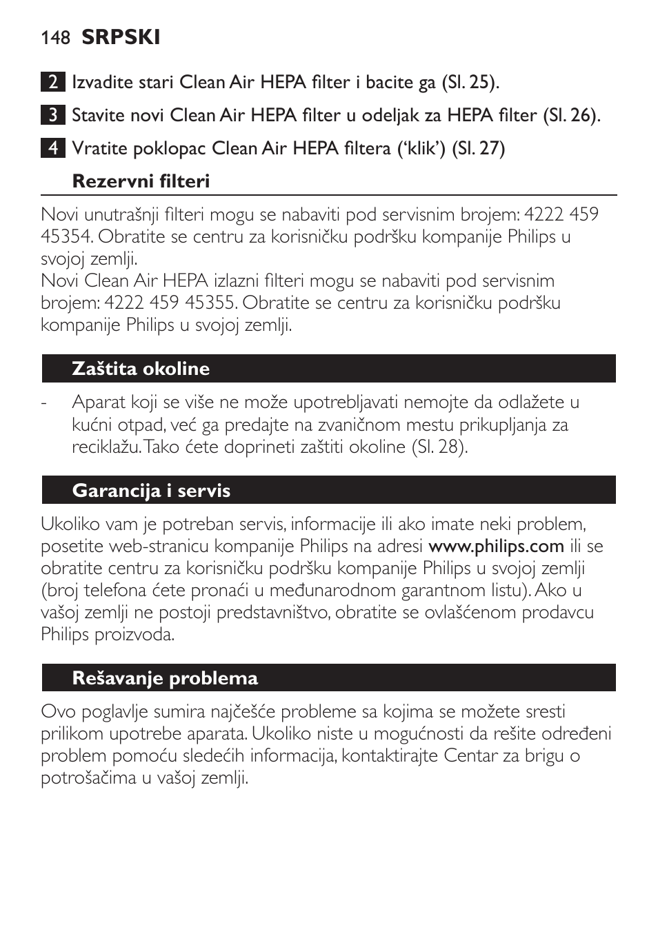 Rezervni filteri, Zaštita okoline, Garancija i servis | Rešavanje problema | Philips FC6130 User Manual | Page 148 / 180