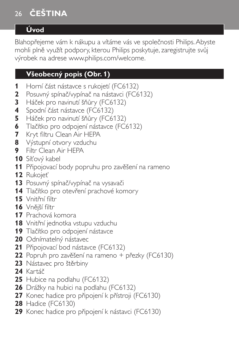 Čeština, Úvod, Všeobecný popis (obr. 1) | Philips FC6130 User Manual | Page 26 / 180