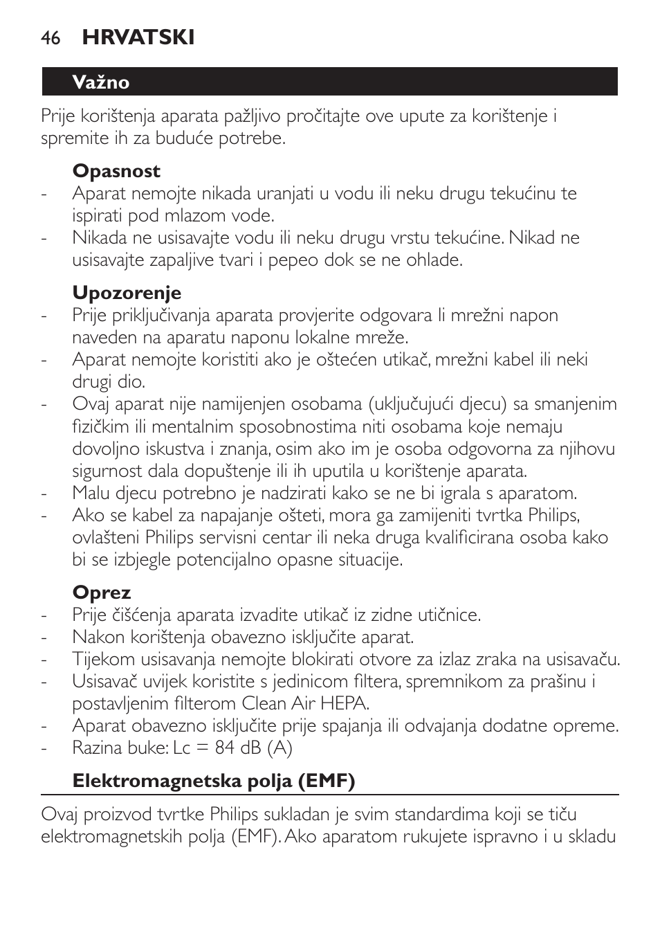 Opasnost, Upozorenje, Oprez | Važno, Elektromagnetska polja (emf) | Philips FC6130 User Manual | Page 46 / 180