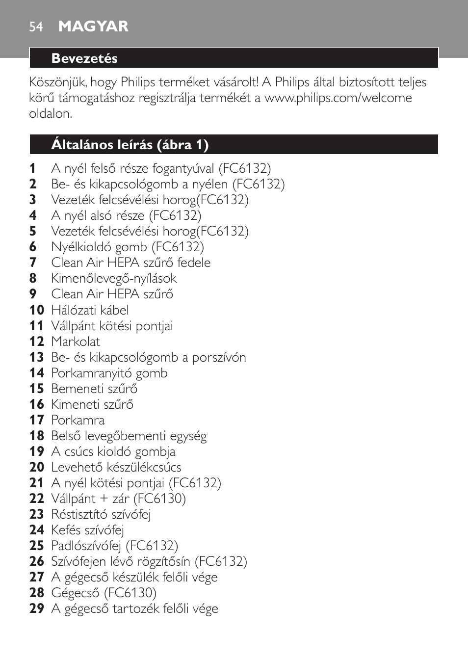 Magyar, Bevezetés, Általános leírás (ábra 1) | Philips FC6130 User Manual | Page 54 / 180