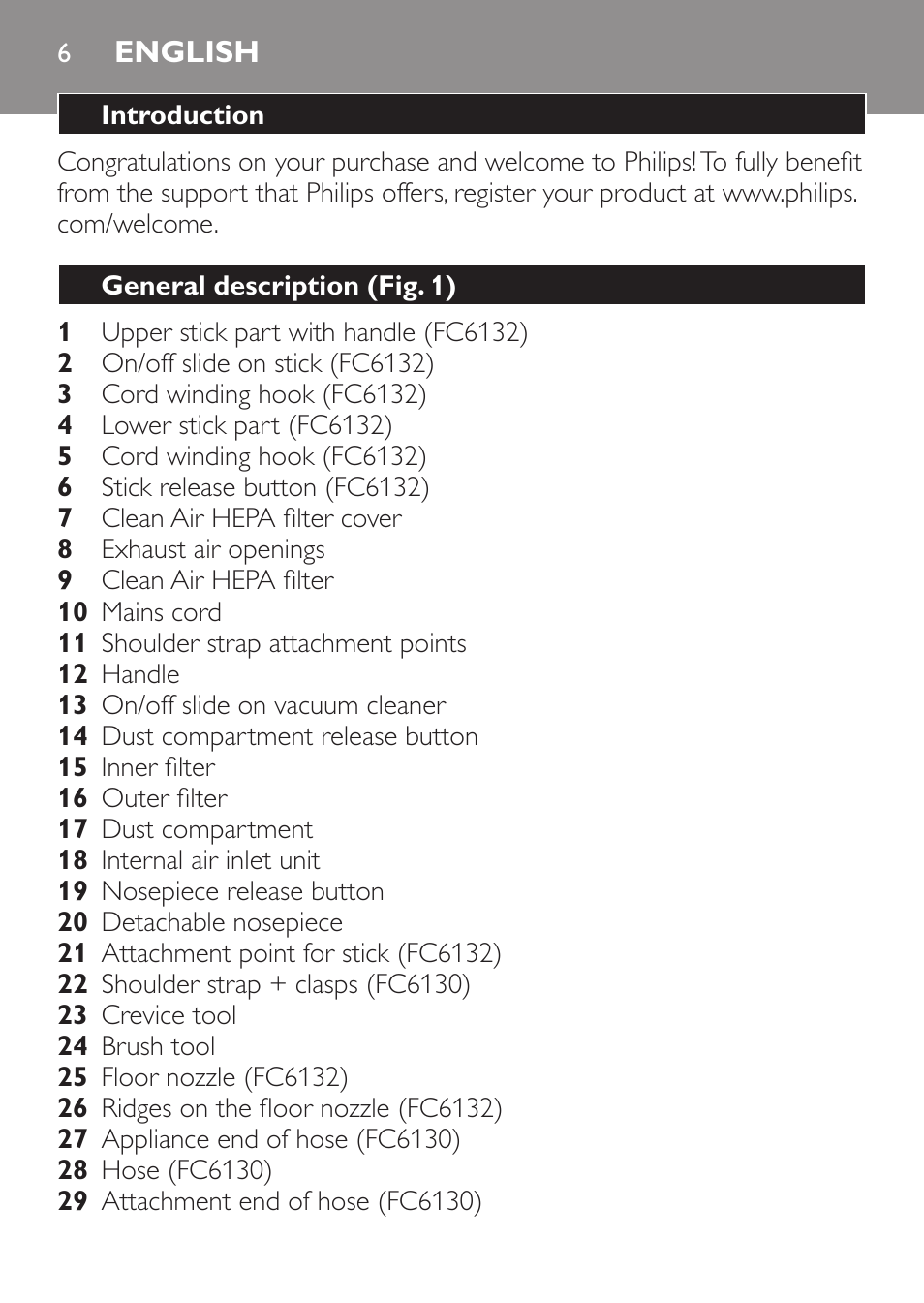 English, Introduction, General description (fig. 1) | Philips FC6130 User Manual | Page 6 / 180