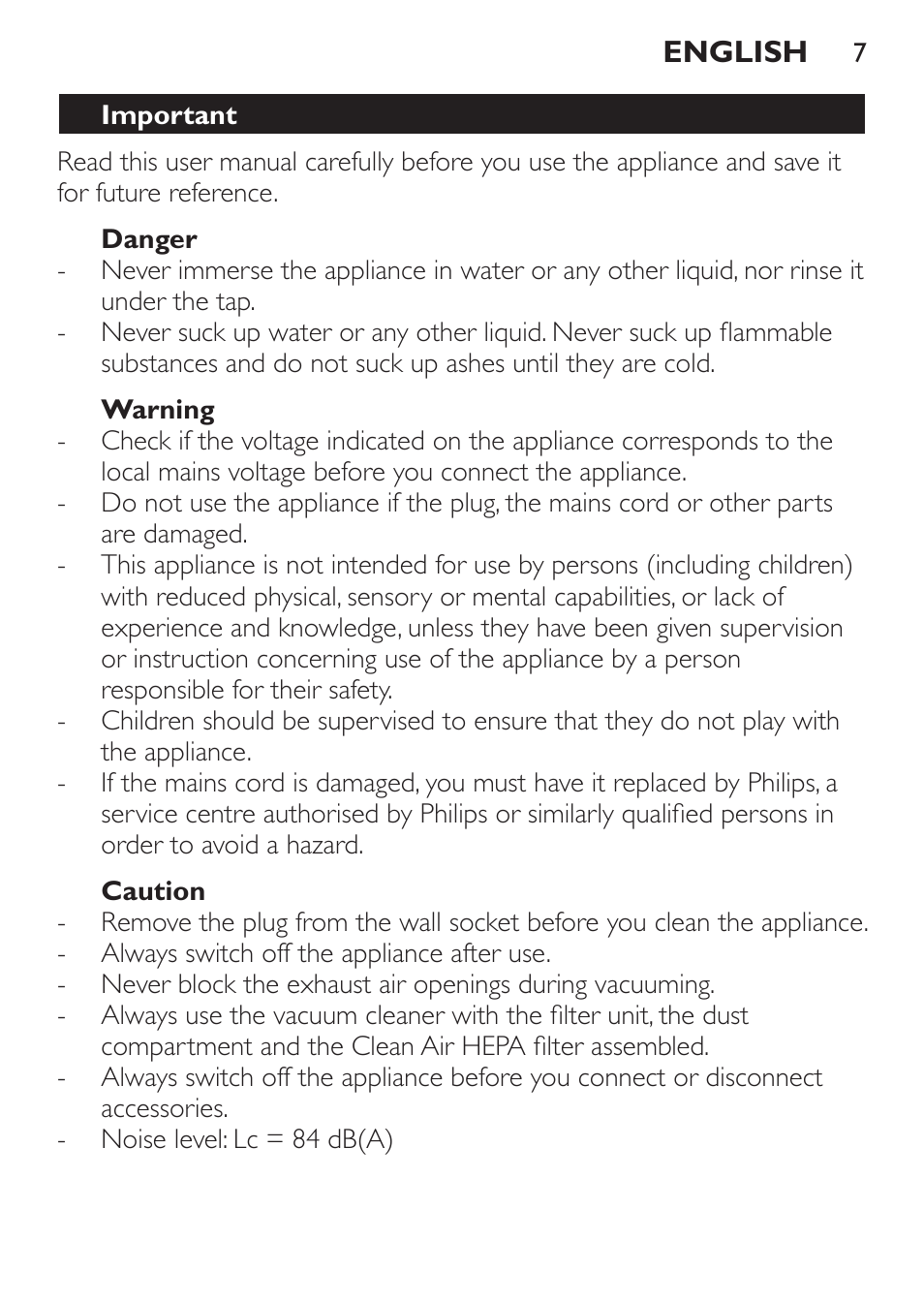 Important, Danger, Warning | Caution | Philips FC6130 User Manual | Page 7 / 180