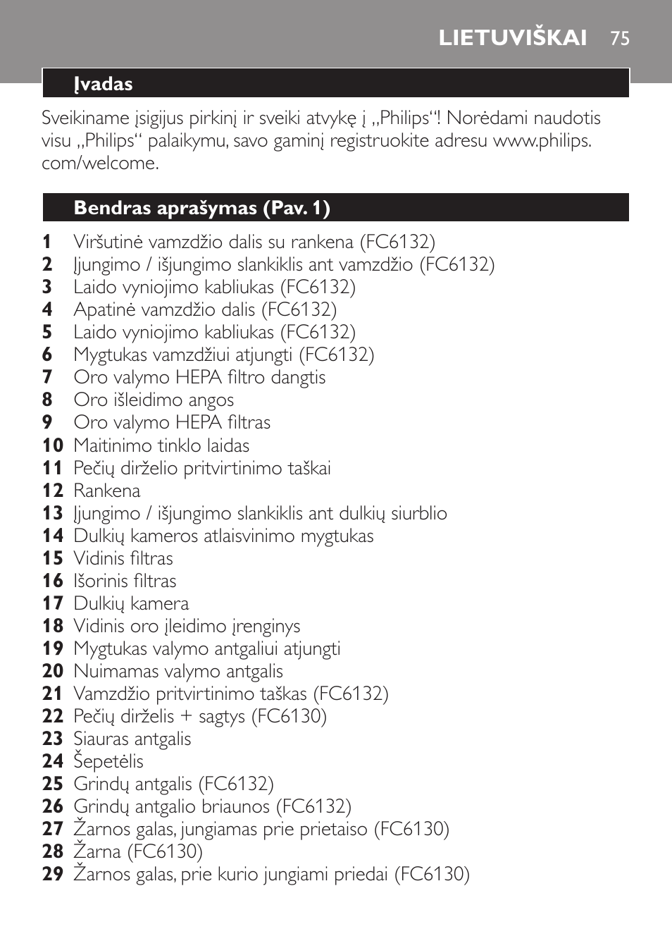 Lietuviškai, Įvadas, Bendras aprašymas (pav. 1) | Philips FC6130 User Manual | Page 75 / 180