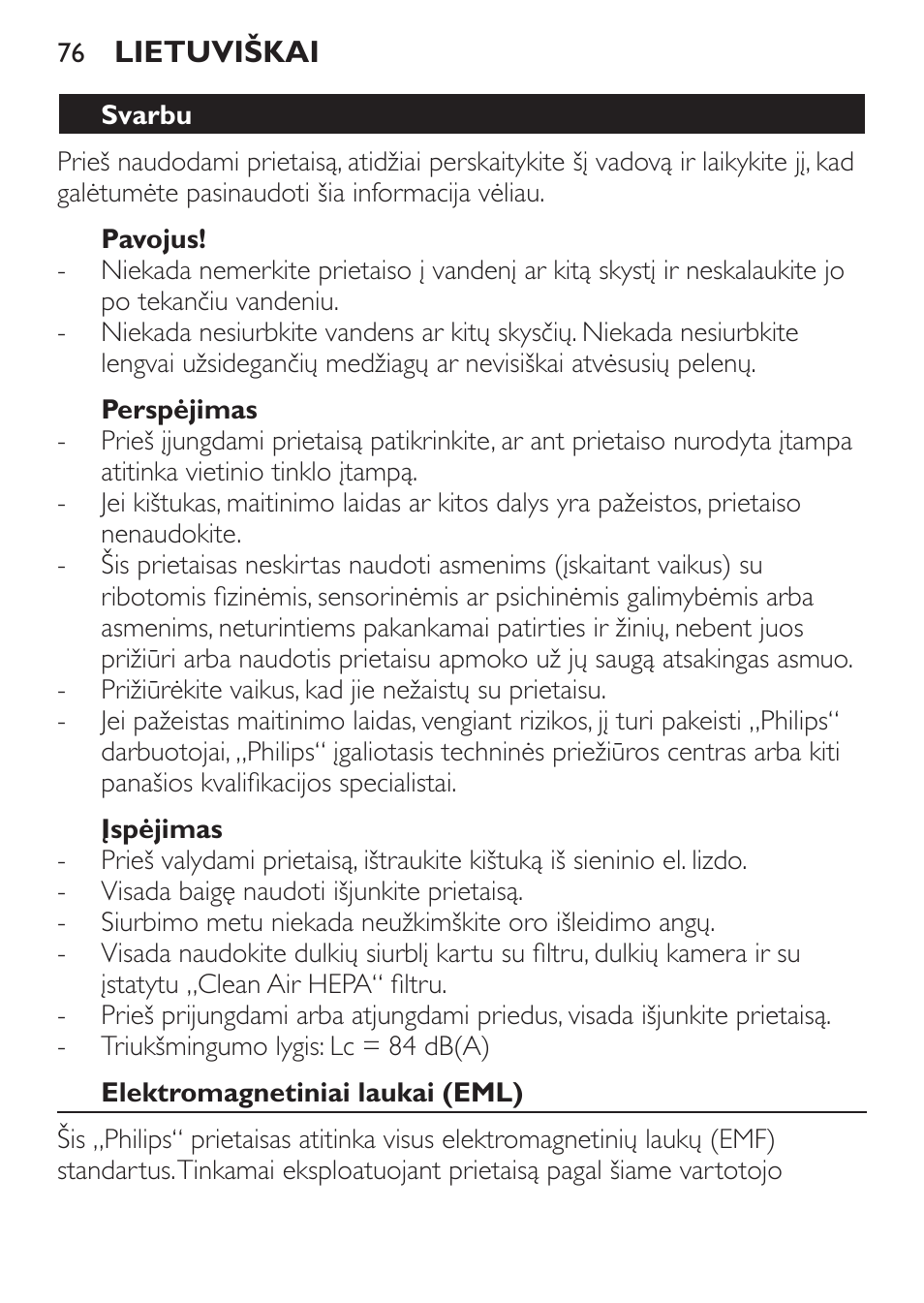 Pavojus, Perspėjimas, Įspėjimas | Svarbu, Elektromagnetiniai laukai (eml) | Philips FC6130 User Manual | Page 76 / 180