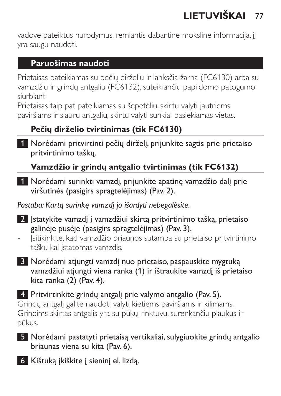 Paruošimas naudoti, Pečių dirželio tvirtinimas (tik fc6130) | Philips FC6130 User Manual | Page 77 / 180