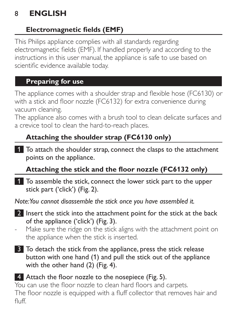 Electromagnetic fields (emf), Preparing for use, Attaching the shoulder strap (fc6130 only) | Philips FC6130 User Manual | Page 8 / 180