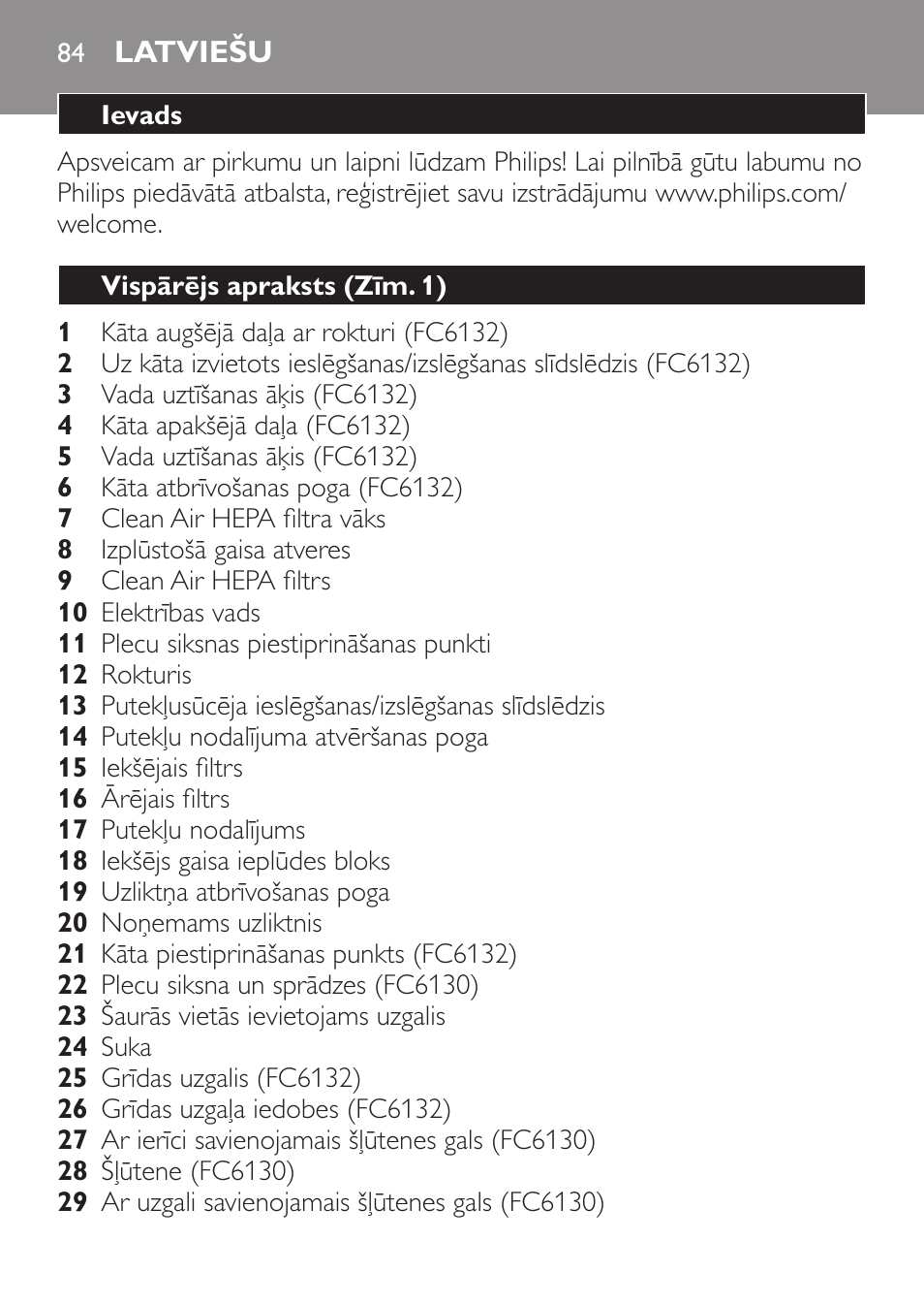 Latviešu, Ievads, Vispārējs apraksts (zīm. 1) | Philips FC6130 User Manual | Page 84 / 180