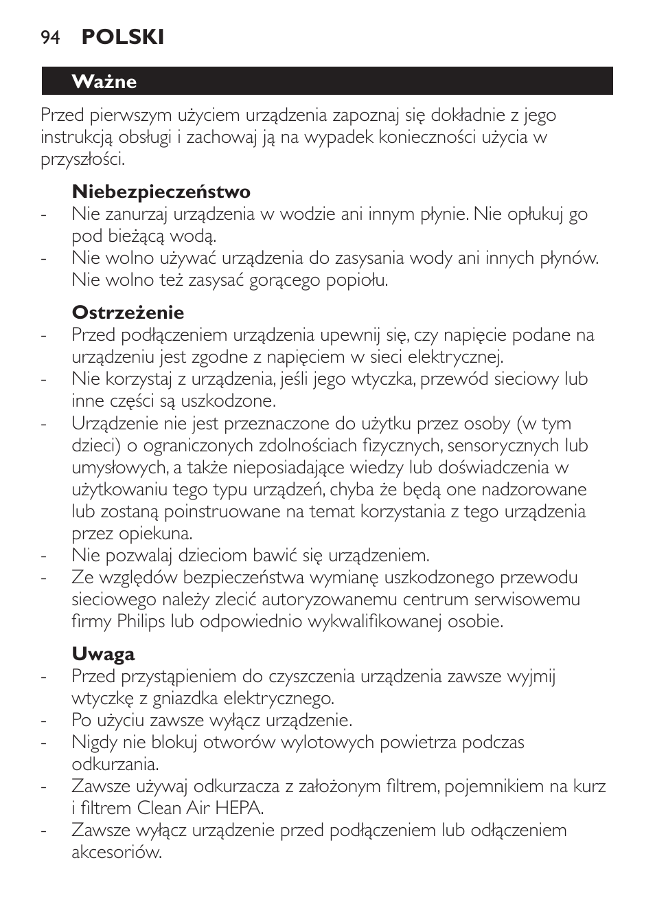 Niebezpieczeństwo, Ostrzeżenie, Uwaga | Ważne | Philips FC6130 User Manual | Page 94 / 180