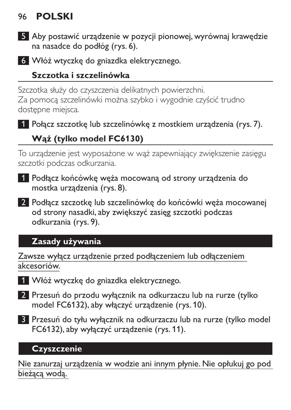 Szczotka i szczelinówka, Wąż (tylko model fc6130), Zasady używania | Czyszczenie | Philips FC6130 User Manual | Page 96 / 180