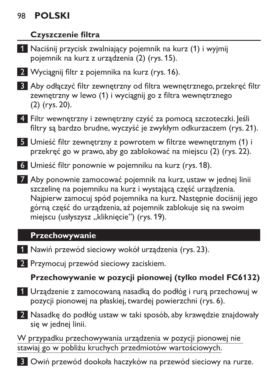 Czyszczenie filtra, Przechowywanie | Philips FC6130 User Manual | Page 98 / 180