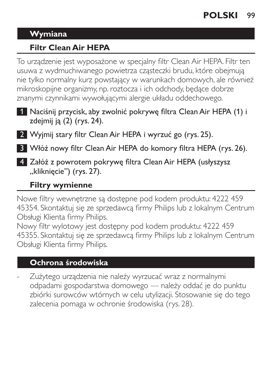 Wymiana, Filtr clean air hepa, Filtry wymienne | Ochrona środowiska, Gwarancja i serwis | Philips FC6130 User Manual | Page 99 / 180