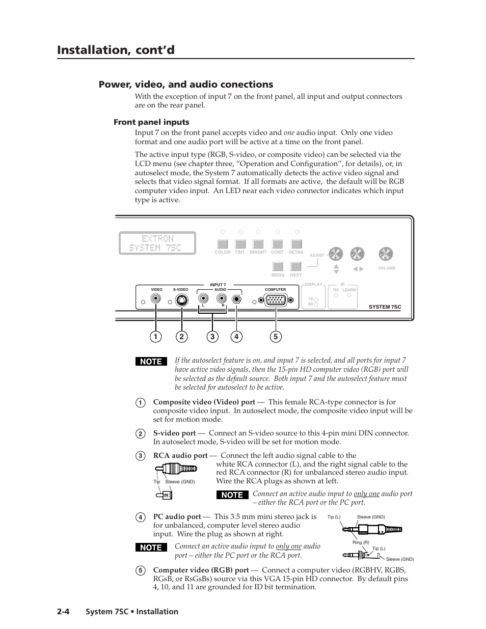 Power, video, and audio connections, Front panel inputs, Power, video, and audio connections -4 | Front panel inputs -4, Installation, cont’d, Power, video, and audio conections, System 7sc • installation 2-4 | Extron electronic System 7SC User Manual | Page 16 / 74