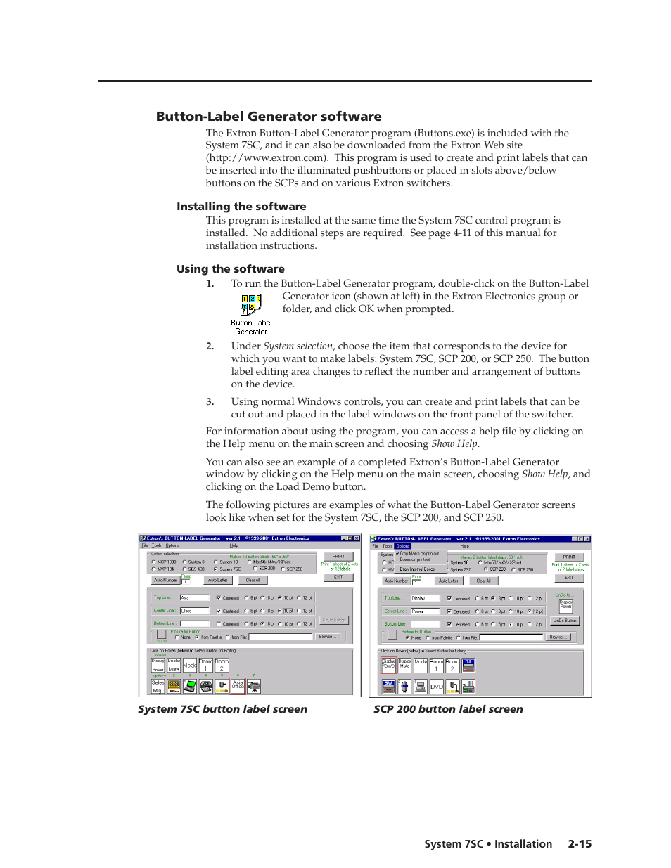 Button-label generator software, Installing the software, Using the software | Button-label generator software -15, Installing the software -15 using the software -15 | Extron electronic System 7SC User Manual | Page 27 / 74