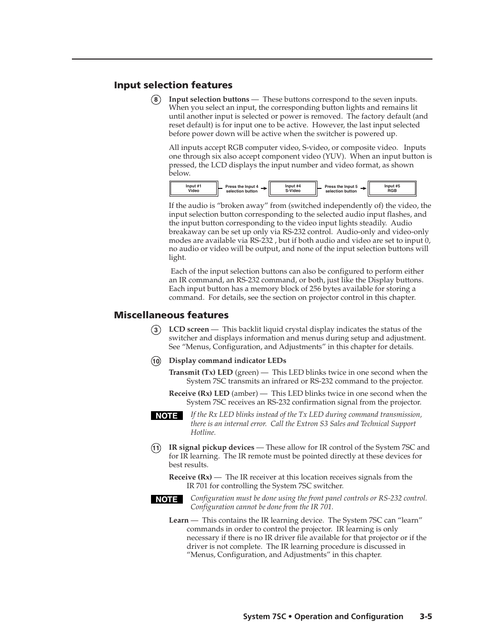 Input selection features, Miscellaneous features | Extron electronic System 7SC User Manual | Page 33 / 74