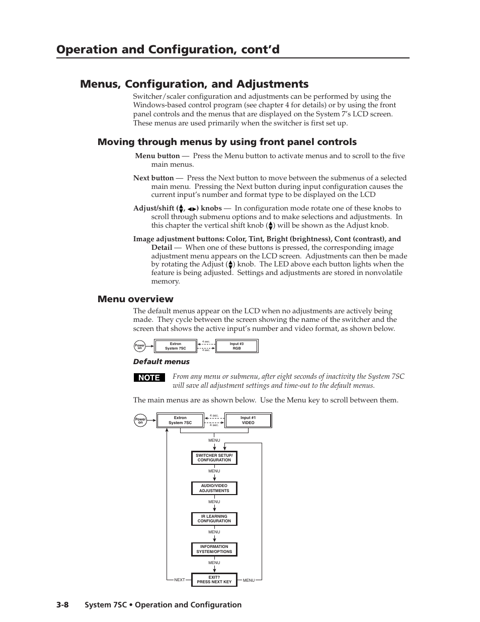 Menus, configuration, and adjustments, Moving through menus by using front panel controls, Menu overview | Operation and configuration, cont’d, System 7sc • operation and configuration 3-8 | Extron electronic System 7SC User Manual | Page 36 / 74