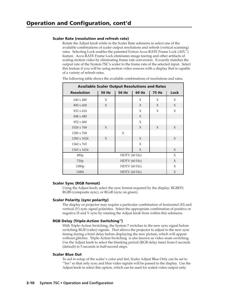 Scaler rate (resolution and refresh rate), Scaler sync (rgb format), Scaler polarity (sync polarity) | Rgb delay (triple-action switching™), Scaler blue out, Rgb delay (triple-action switching, Scaler blue out -10, Operation and configuration, cont’d | Extron electronic System 7SC User Manual | Page 38 / 74