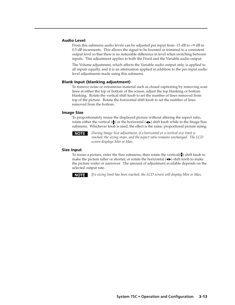 Audio level, Blank input (blanking adjustment), Image size | Size input | Extron electronic System 7SC User Manual | Page 41 / 74