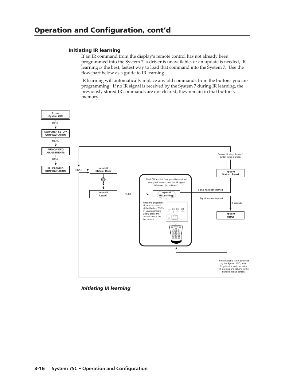 Initiating ir learning, Initiating ir learning -16, Operation and configuration, cont’d | Extron electronic System 7SC User Manual | Page 44 / 74