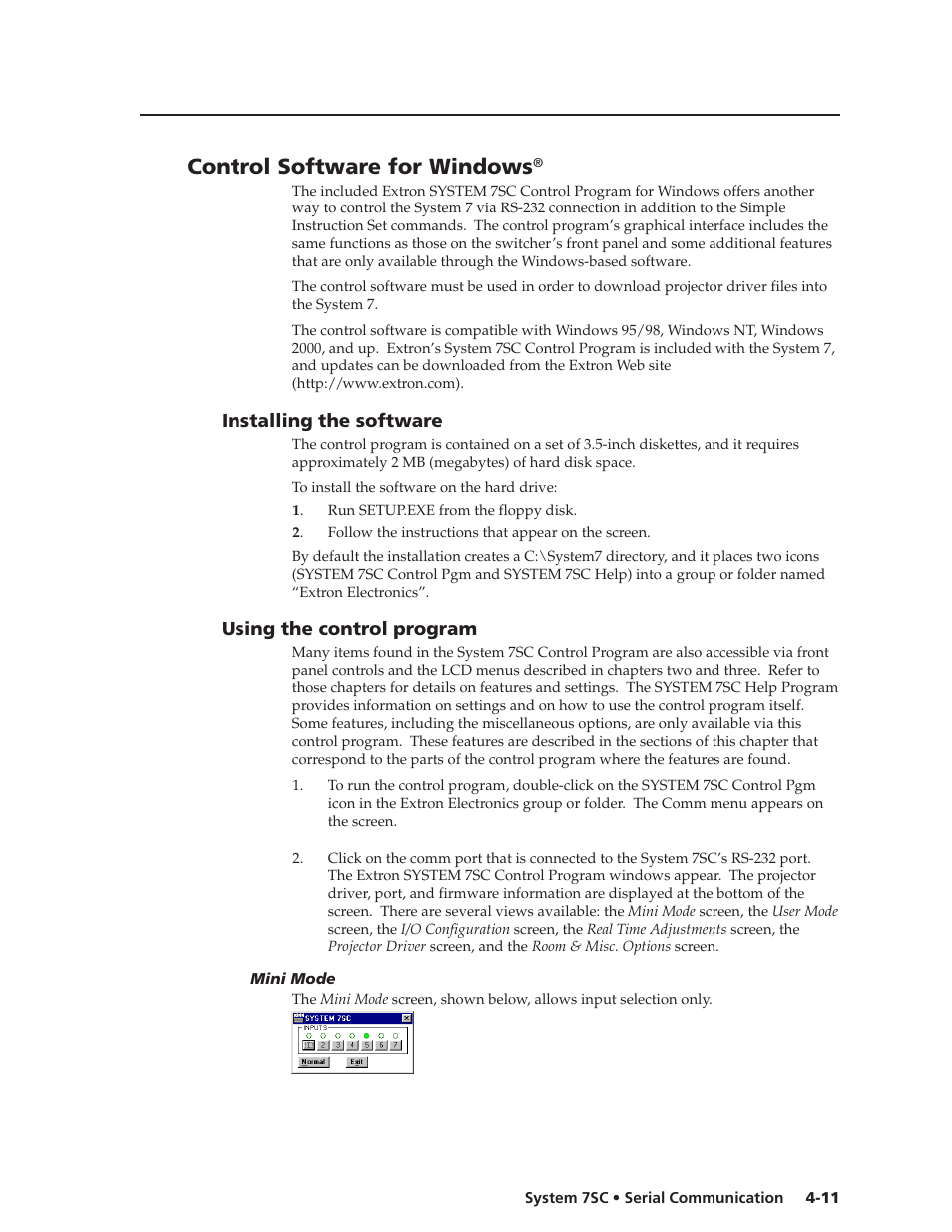 Control software for windows, Installing the software, Using the control program | Mini mode, Mini mode -11 | Extron electronic System 7SC User Manual | Page 59 / 74