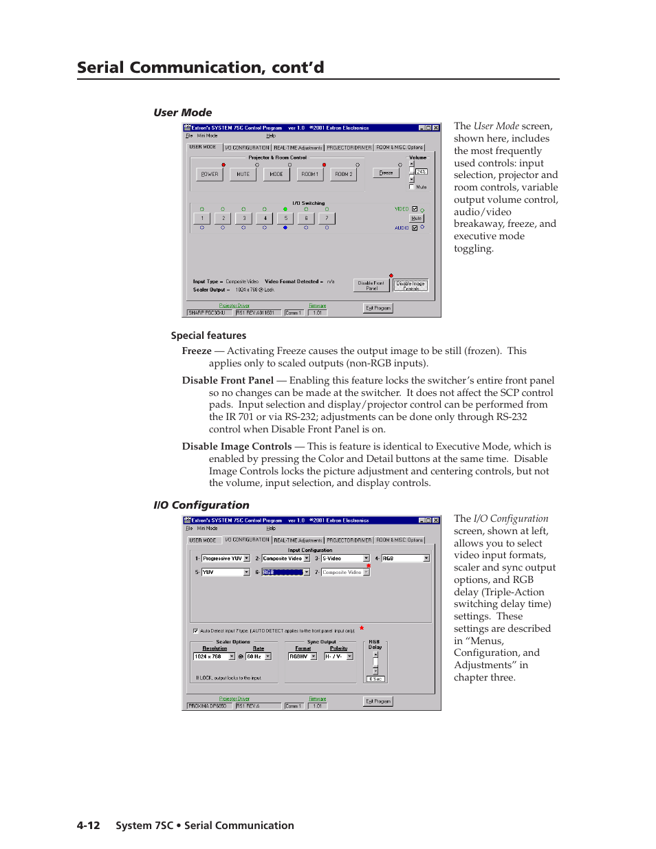 User mode, I/o configuration, User mode -12 i/o configurations -12 | Serial communication, cont’d | Extron electronic System 7SC User Manual | Page 60 / 74
