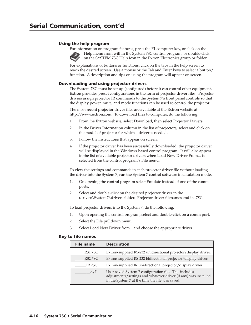 Using the help program, Downloading and using projector drivers, Key to file names | Serial communication, cont’d | Extron electronic System 7SC User Manual | Page 64 / 74