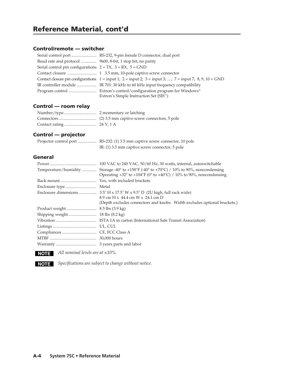 Reference material, cont’d | Extron electronic System 7SC User Manual | Page 68 / 74